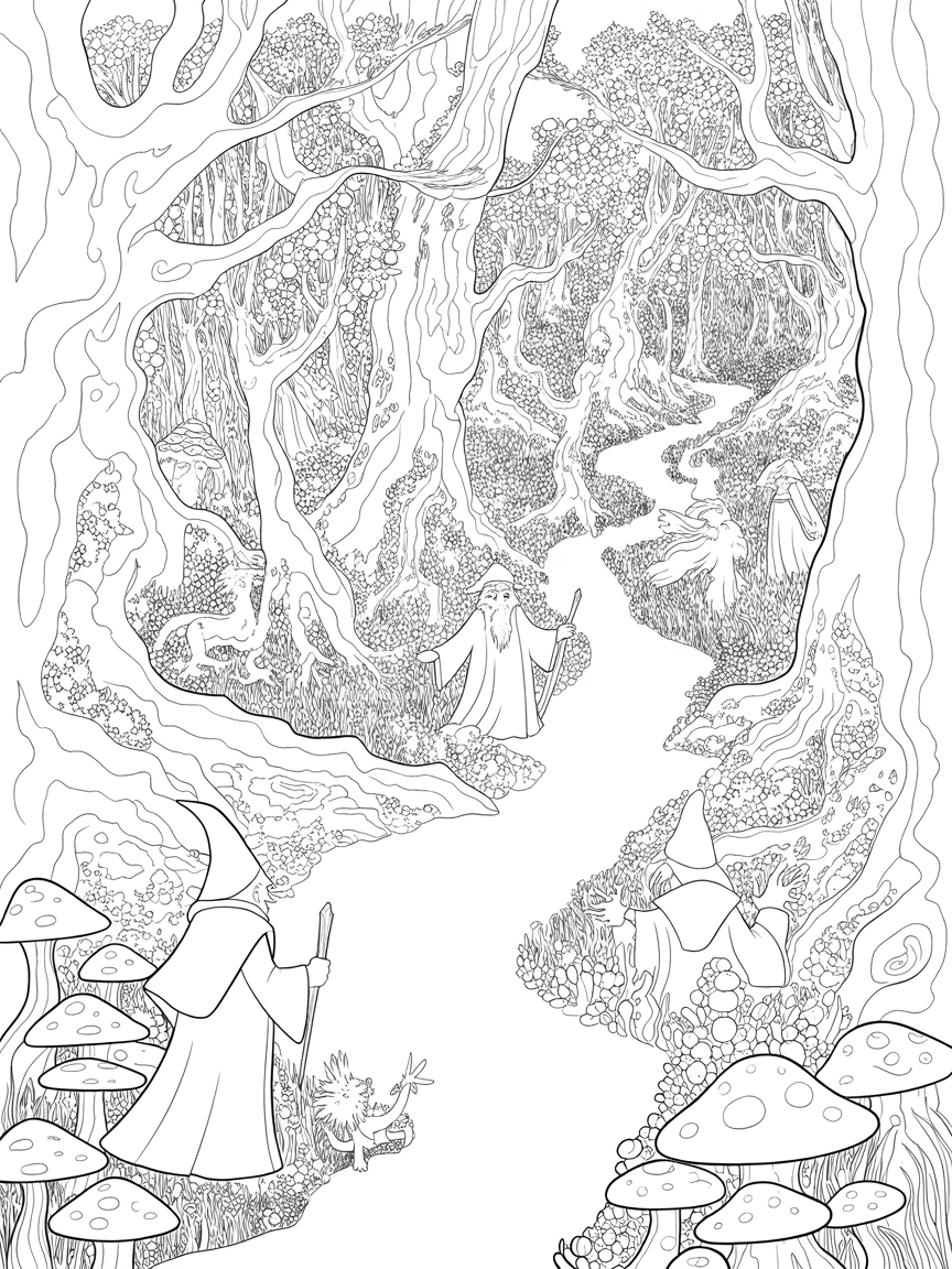Wizards magical forest - Free Coloring Page