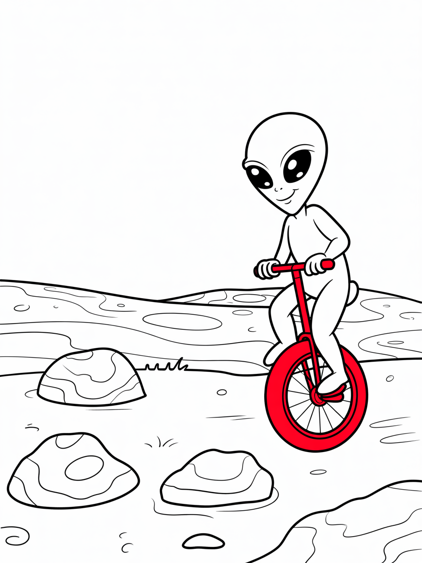 Alien riding a unicycle on Mars - Free Coloring Page