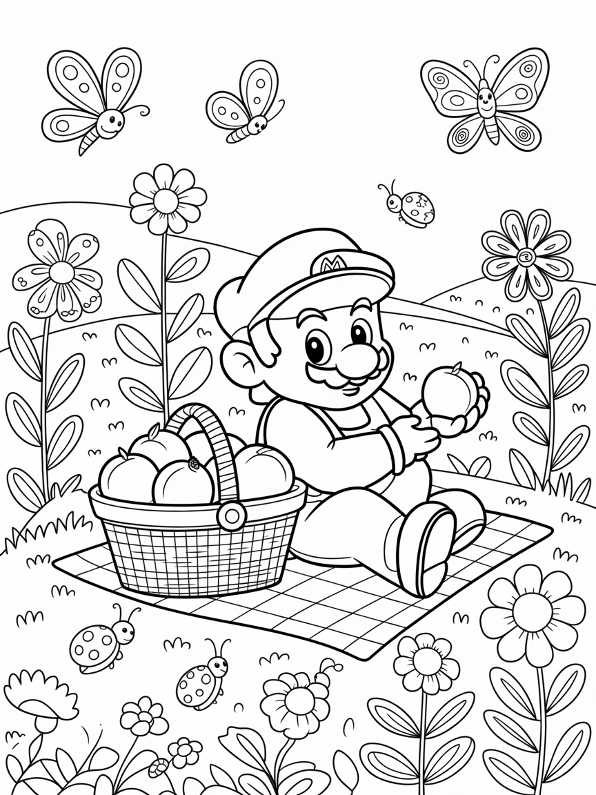 Super Mario on piknik whit peach. - Free Coloring Page