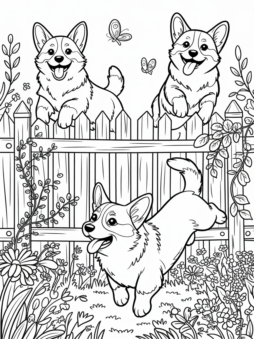 Intricate drawing of Corgis jumping over a fence - Free Coloring Page
