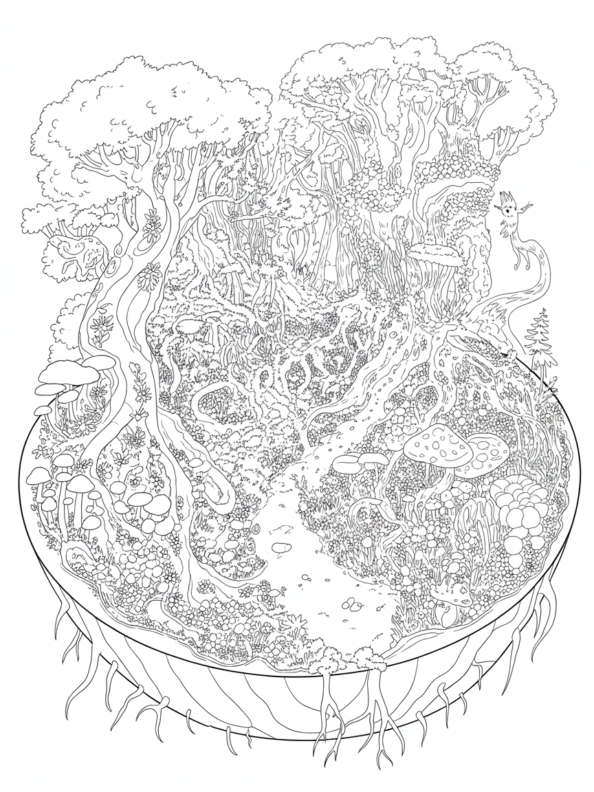 A hole in ground with a magical forest inside - Free Coloring Page
