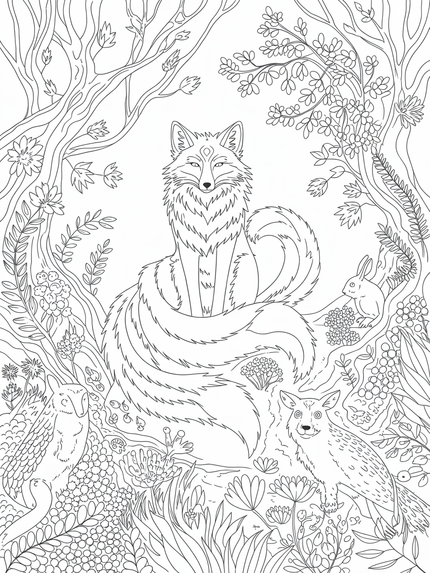 a magical forest inside with a nine-tailed fox as king - Free Coloring Page