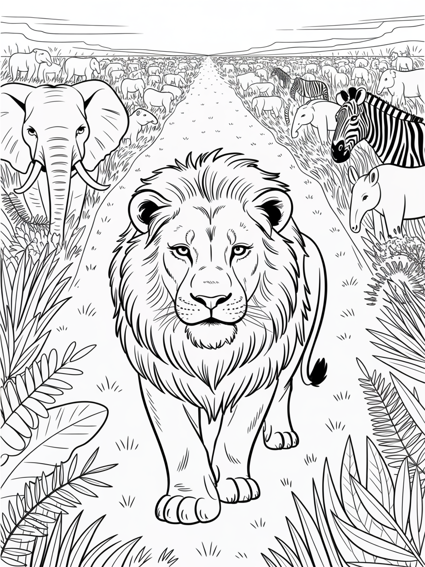 A majestic lion approaches you. Behind the lion, animals from every corner of the world is looking at you, covering the plain to the horizon - Free Coloring Page