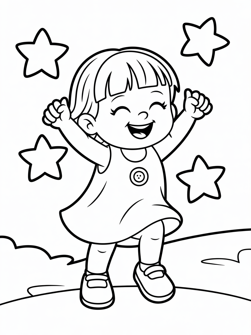 Little toddler girl both arms up like a robot dancing, one side of her fringe is covering her eye - Free Coloring Page