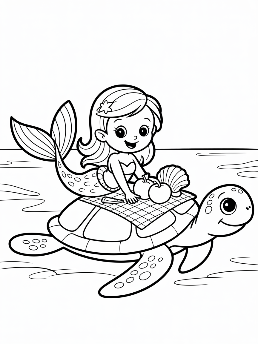 Mermaid having a picnic on a turtle - Free Coloring Page