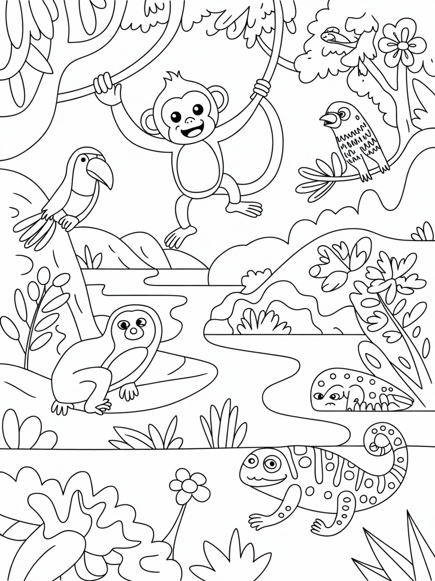 Monkey jungle - Free Coloring Page