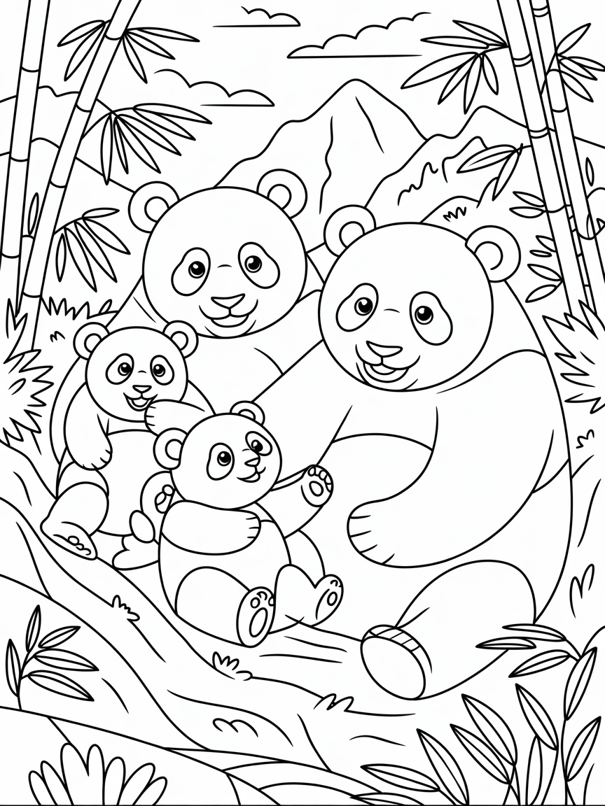 Panda family mountain forest bamboo - Free Coloring Page