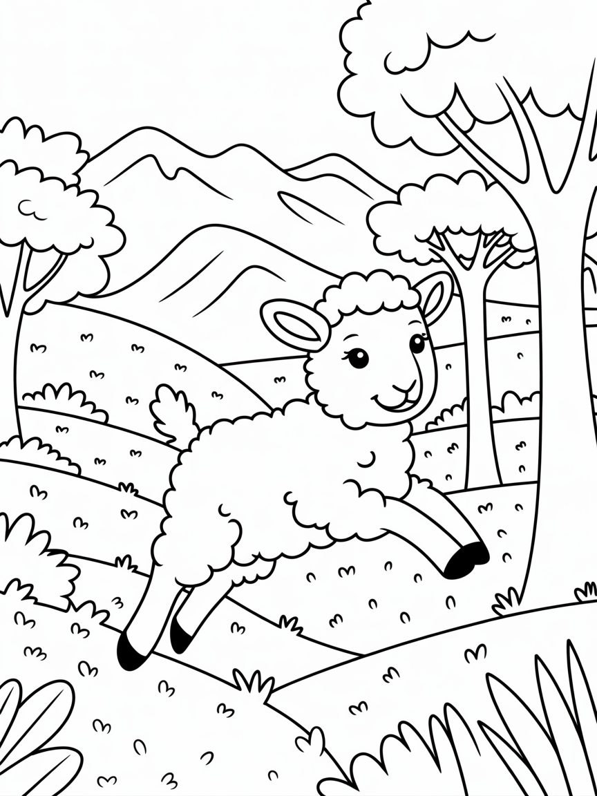 Sheep lamb springing through grassland forest and mountain - Free Coloring Page