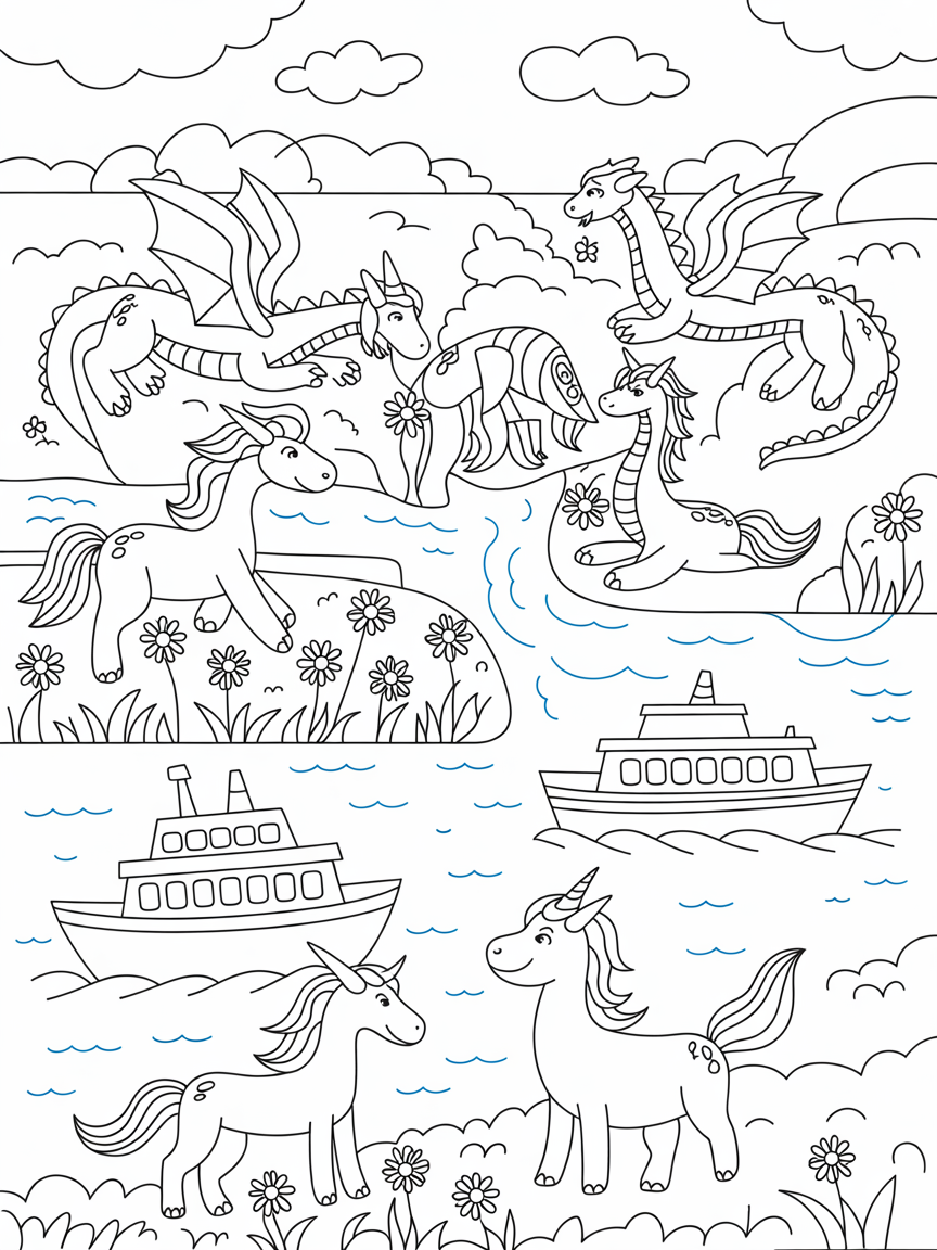 The land of magical dragons, unicorns and ferries, - Free Coloring Page
