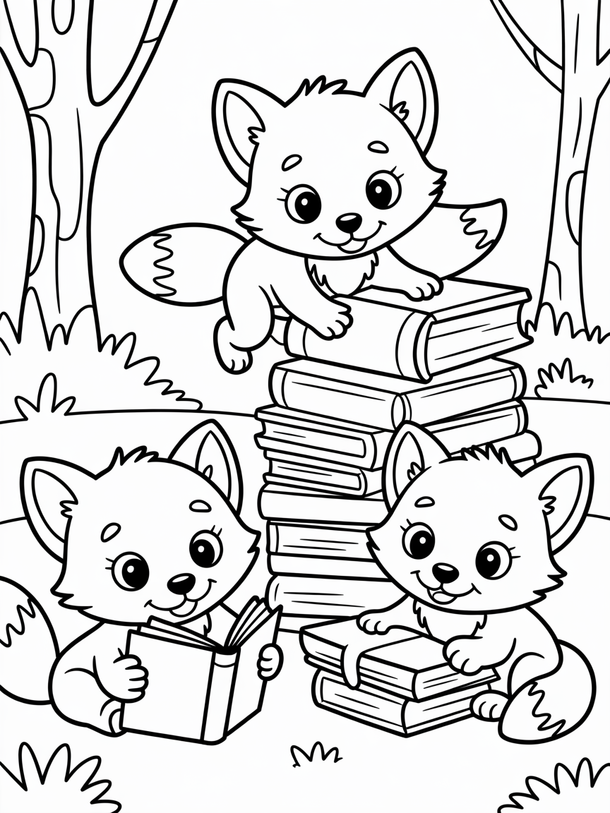 Foxes and books - Free Coloring Page