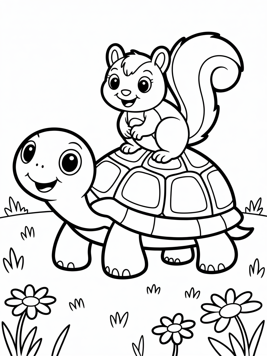 A turtle taking a curious squirel and - Free Coloring Page