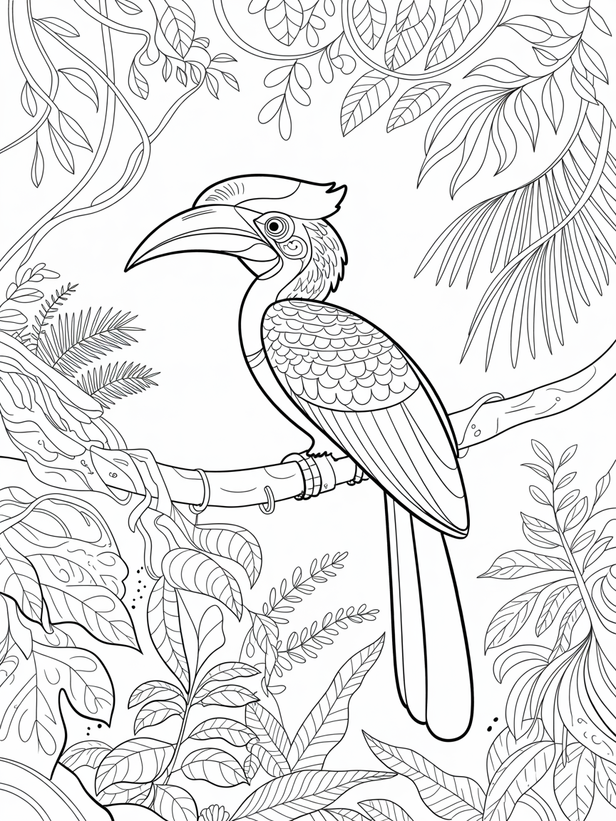 A hornbill in the western ghats, india - Free Coloring Page