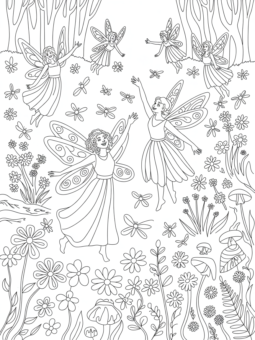 Fairies dancing at midsummer - Free Coloring Page