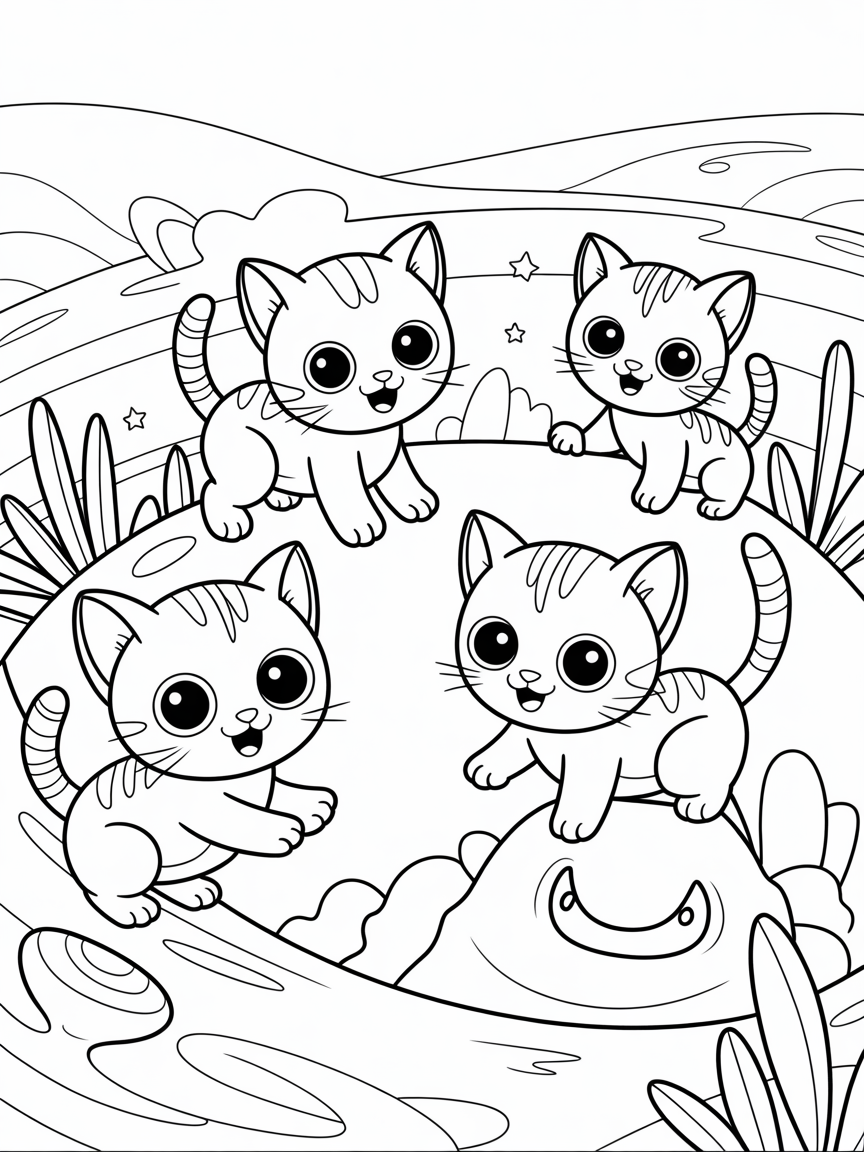 Space kittens exploring a new planet - Free Coloring Page
