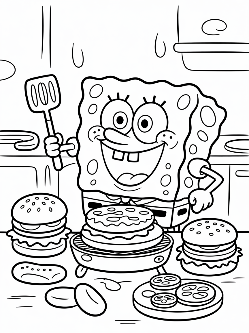 Spongebob making a burger - Free Coloring Page