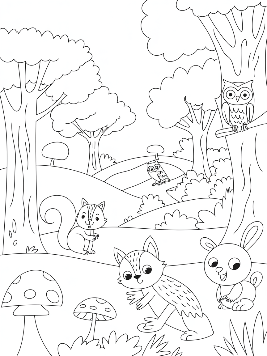 Autumn forest with woodland animals - Free Coloring Page