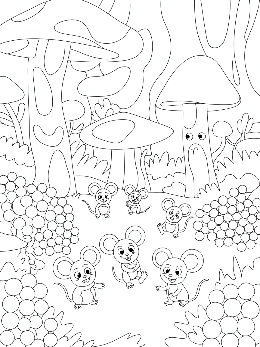 Magical forest with tiny mice - Free Coloring Page