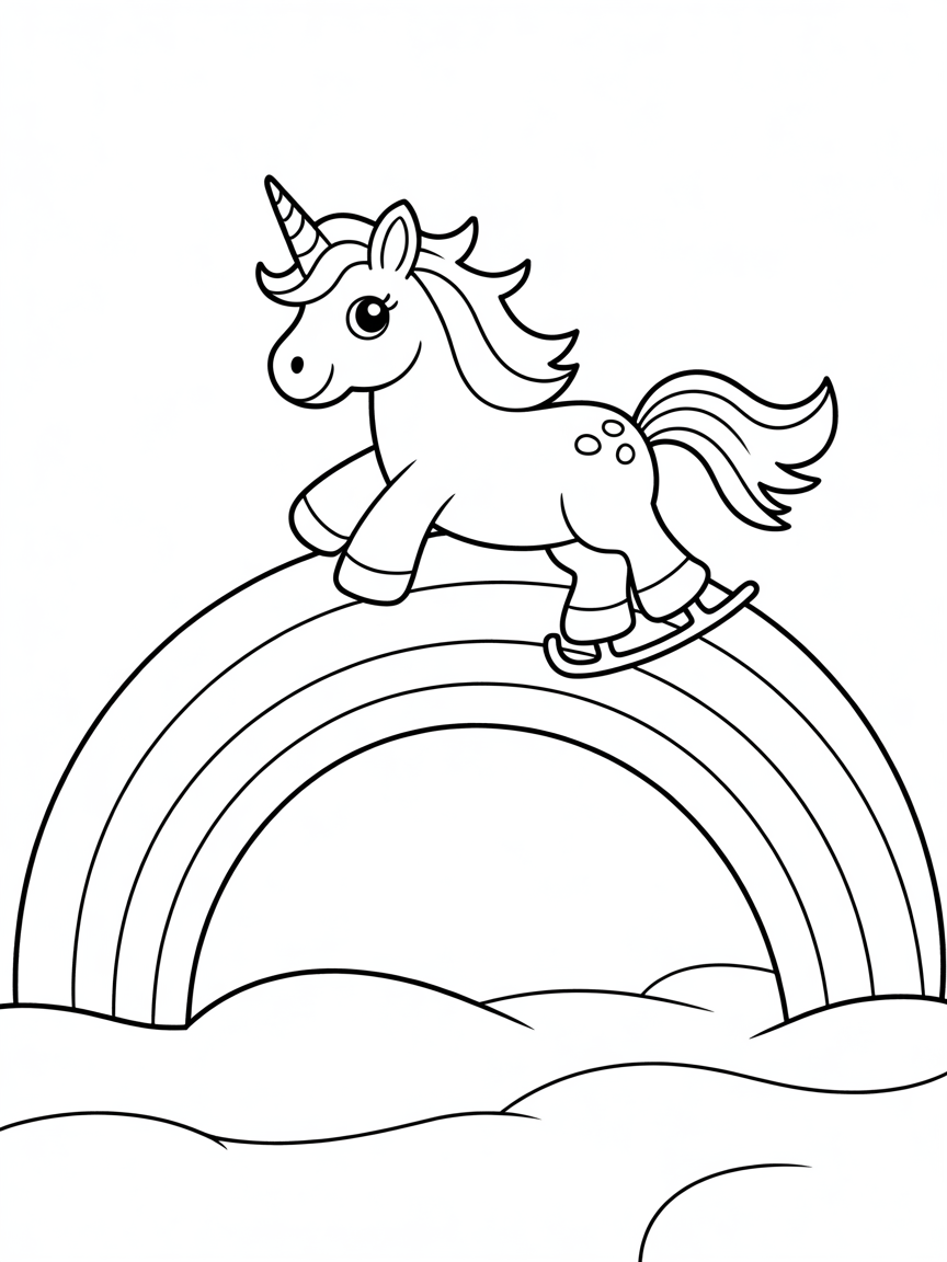 Unicorn ice skating on a rainbow - Free Coloring Page