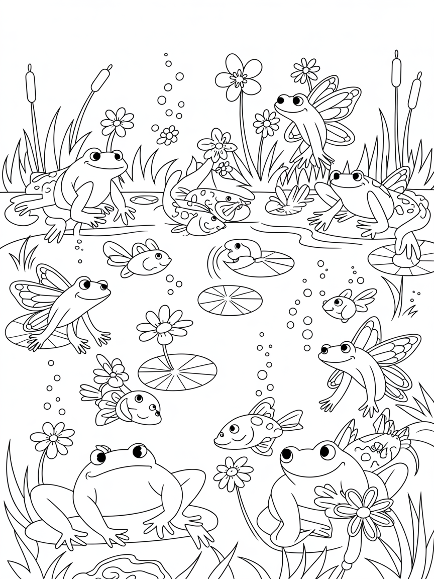 Frogs and fairies, lily pond with cute fish. Pretty flowers and bubbles - Free Coloring Page