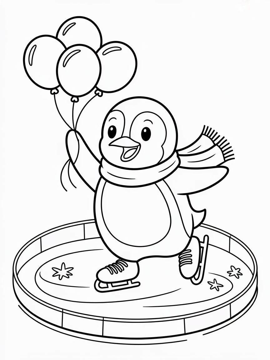 Penguin ice skating with balloons - Free Coloring Page