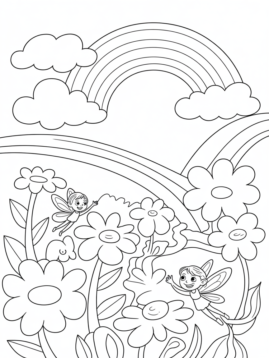 Magical world with flower and fairies - Free Coloring Page