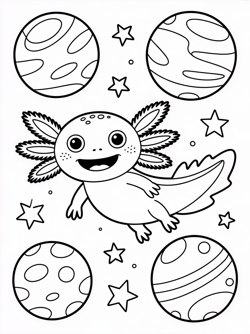 Axolotl in space - Free Coloring Page