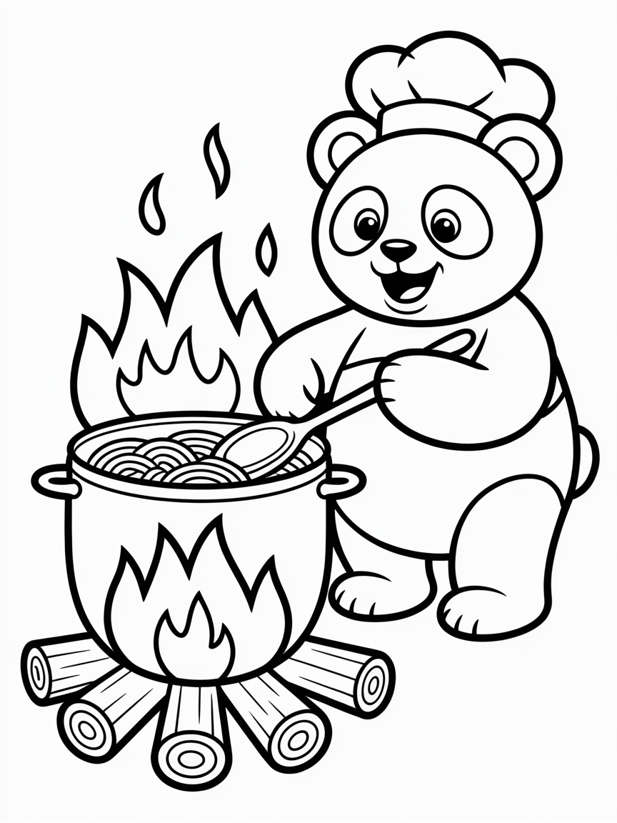 Panda cooking spaghetti on a campfire - Free Coloring Page