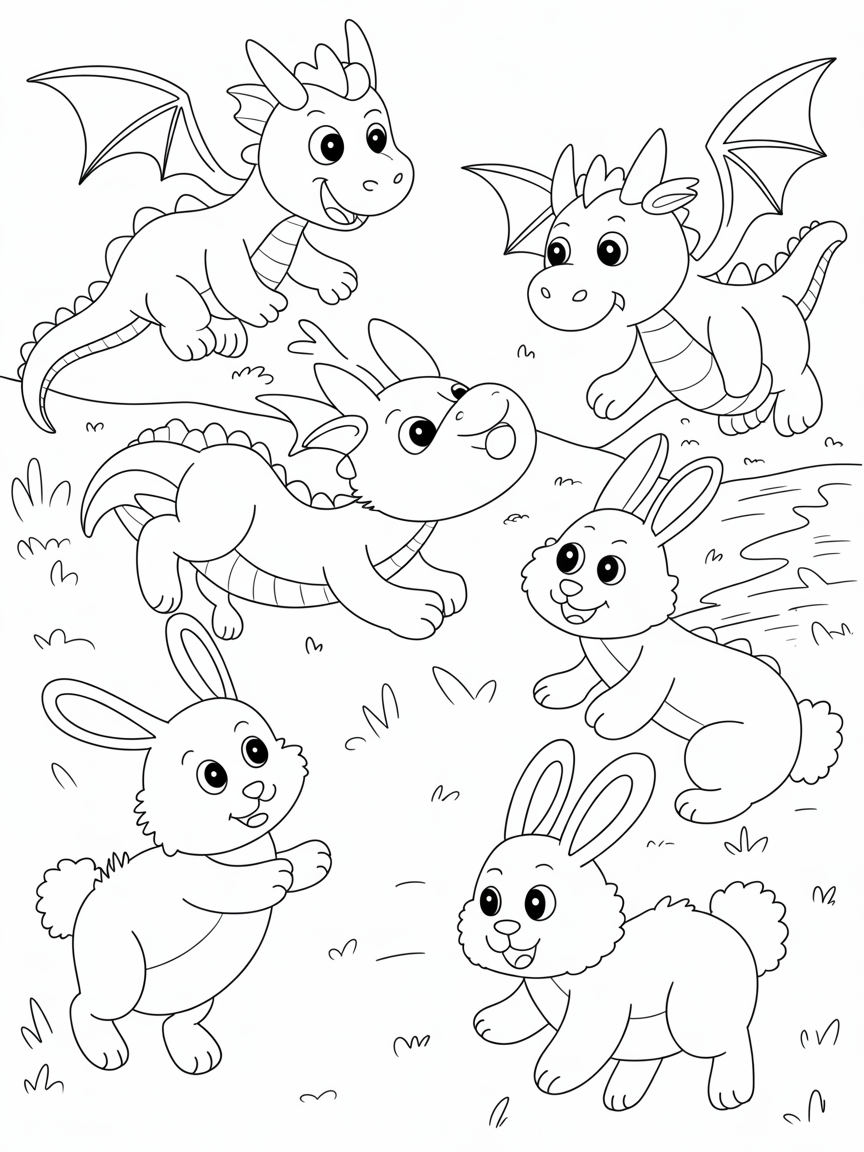 Dragons and bunnys - Free Coloring Page