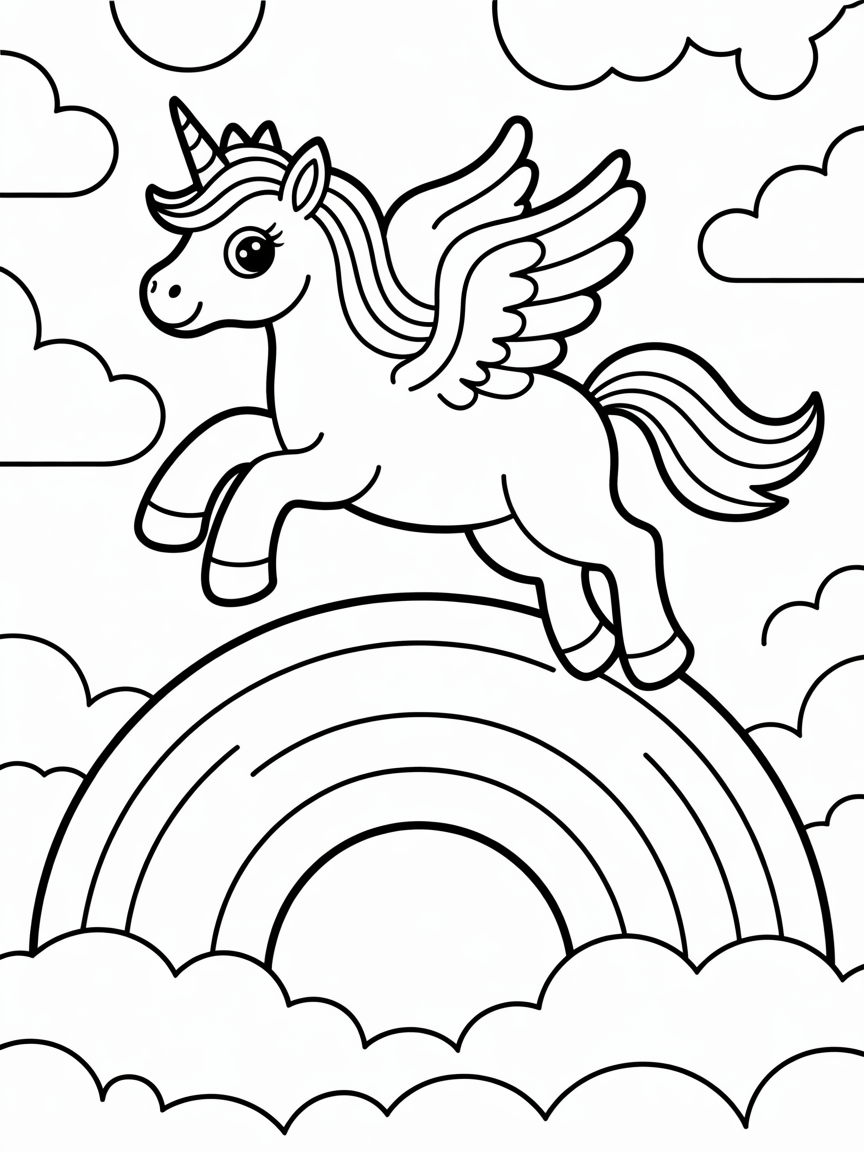 Unicorn flying over candy rainbow - Free Coloring Page