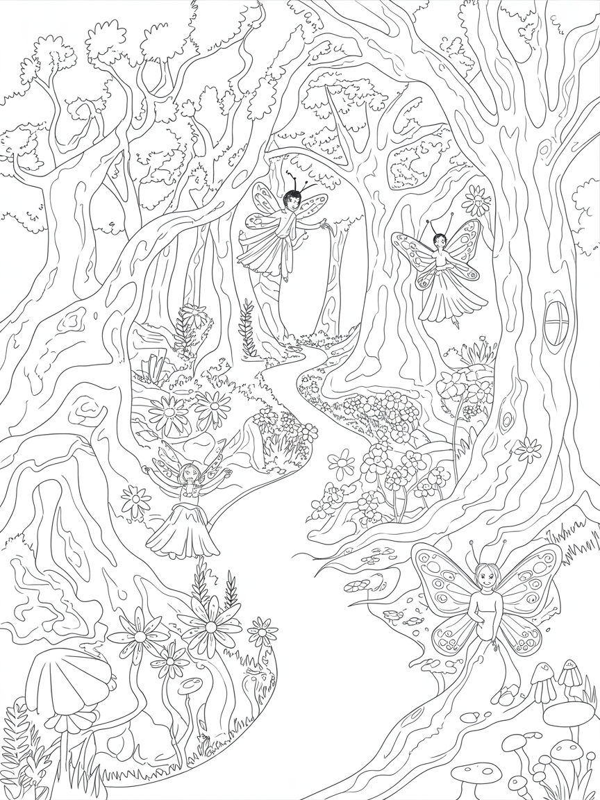 A magical forest with faries And butterflyies - Free Coloring Page
