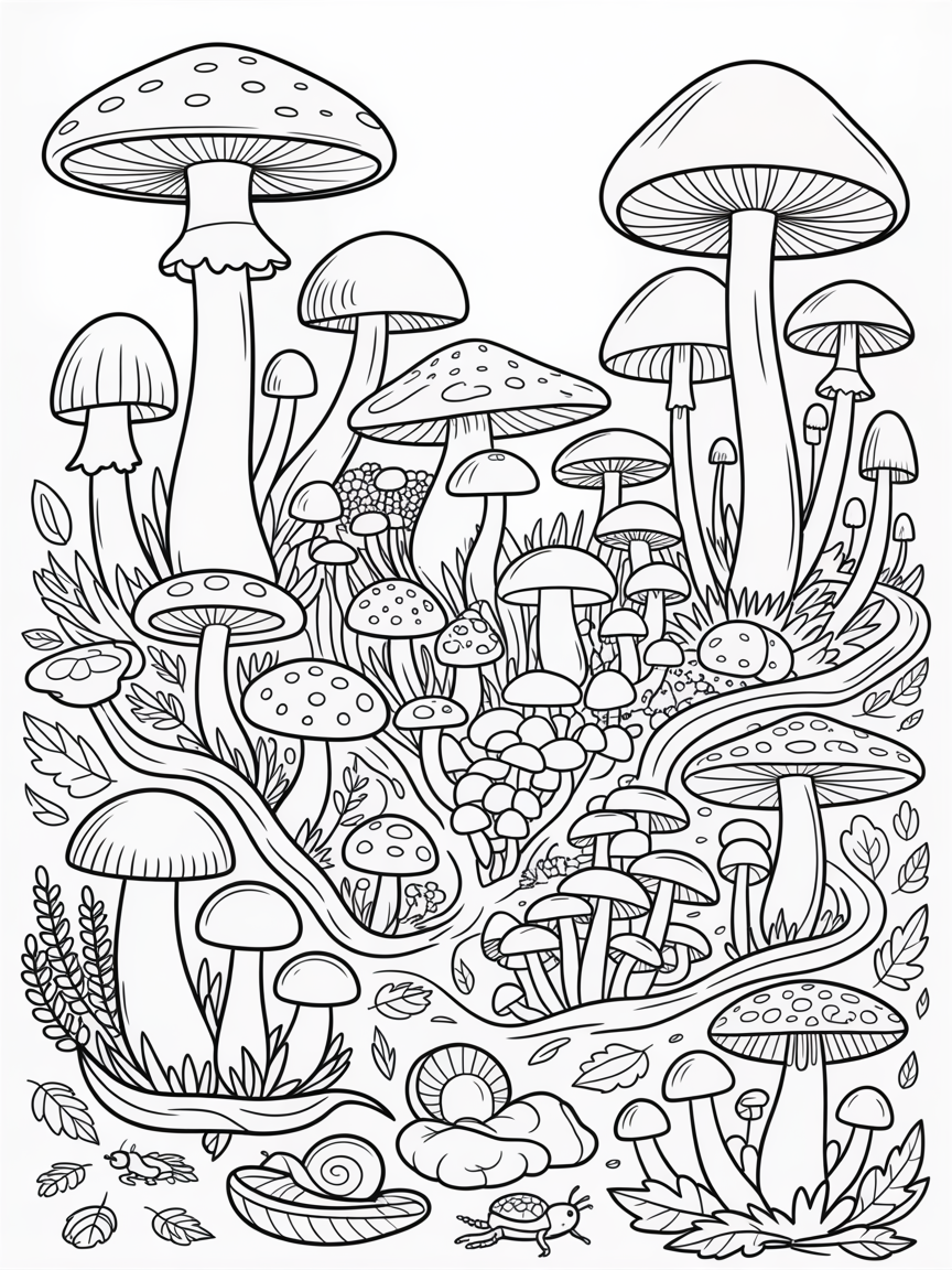 Mushroom field - Free Coloring Page