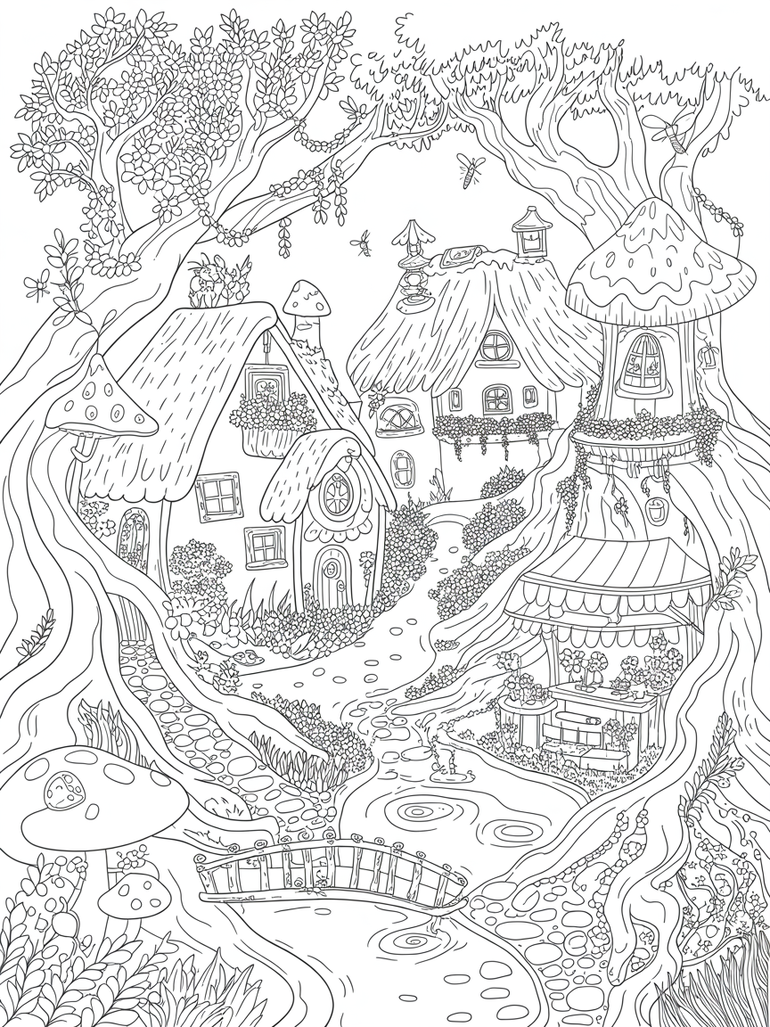 Fairy village - Free Coloring Page