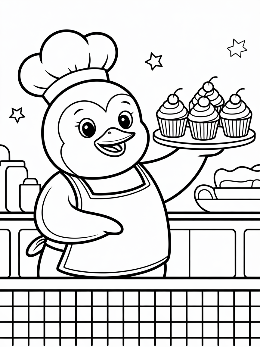 Penguin chef baking colorful cupcakes - Free Coloring Page