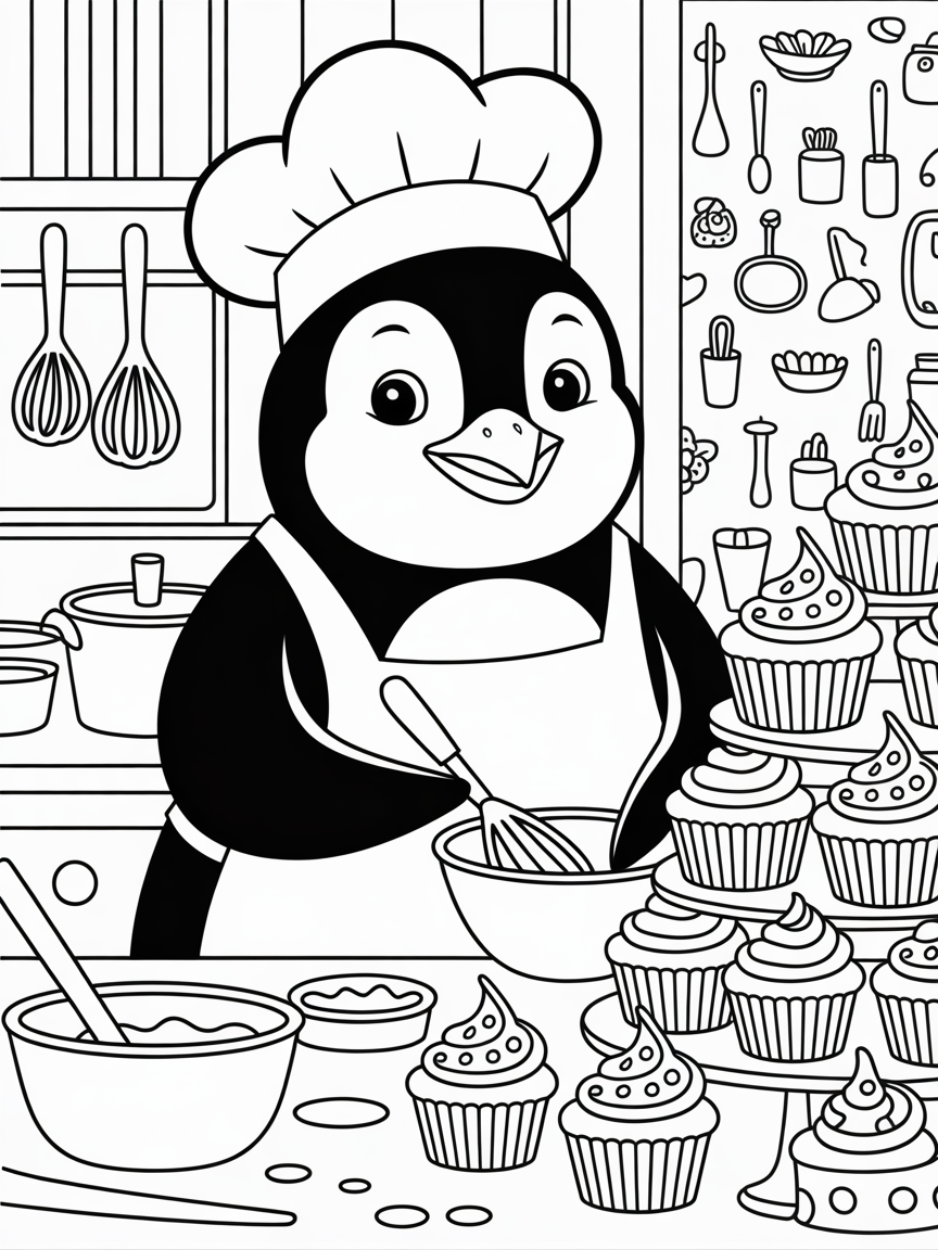 Penguin chef baking colorful cupcakes - Free Coloring Page