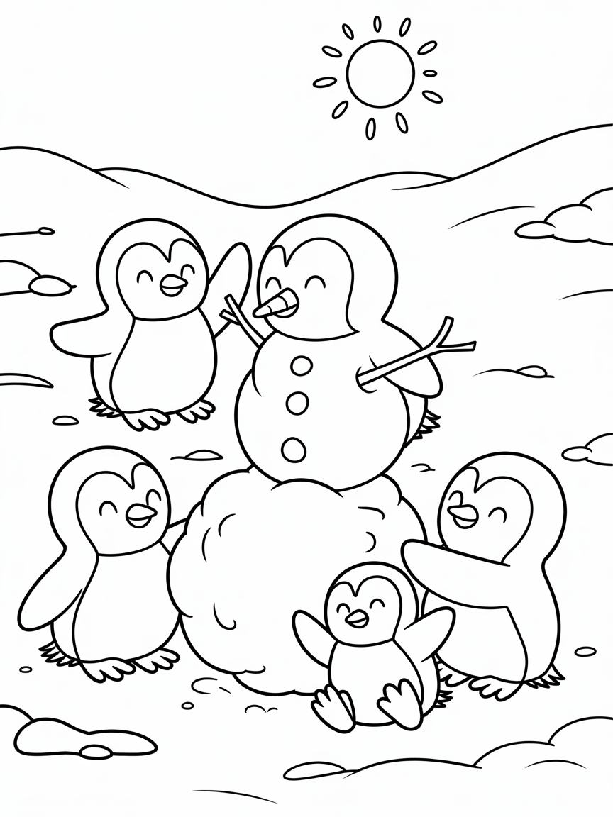 Penguins building a snowman family - Free Coloring Page