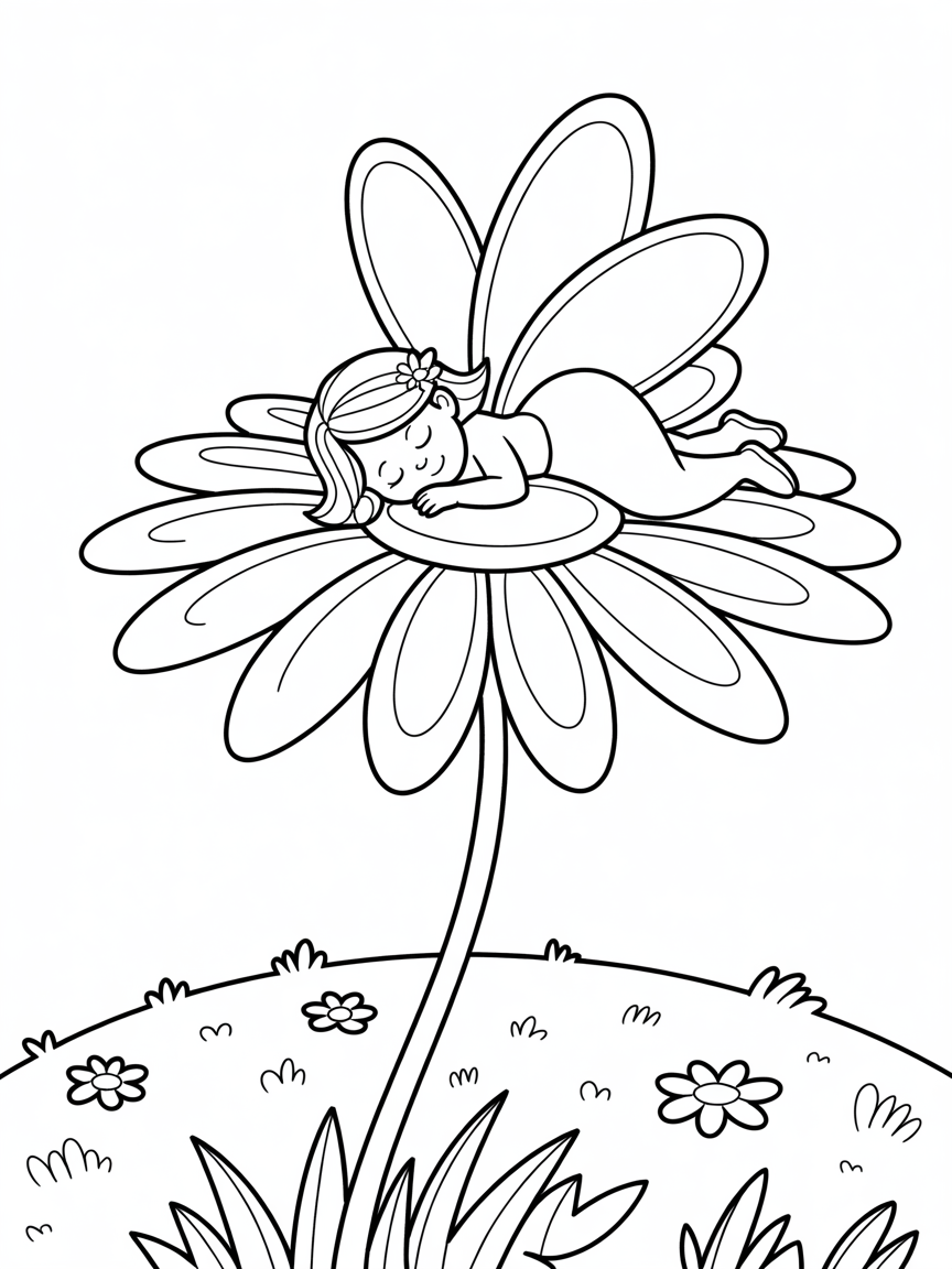Fairy sleeping on a flower - Free Coloring Page