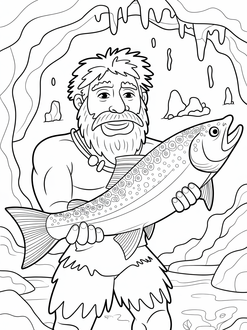 Caveman with a trout - Free Coloring Page