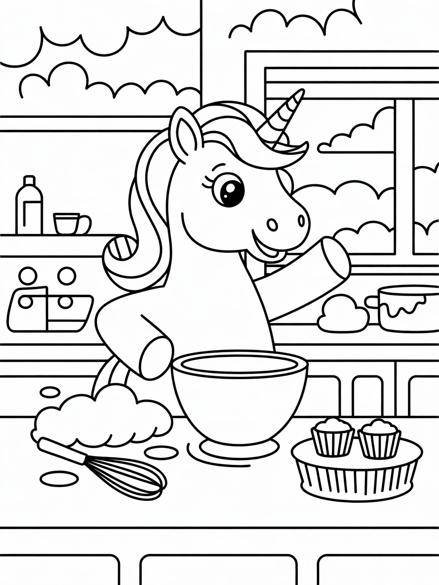 Unicorn baking cupcakes in a cloud kitchen - Free Coloring Page