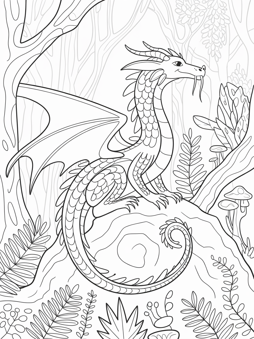 Whimsical dragon in a forest - Free Coloring Page