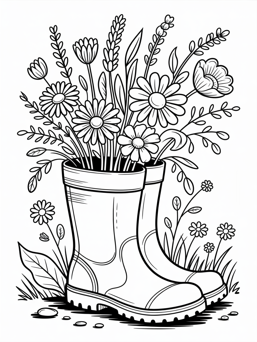 Flowers in a gumboot - Free Coloring Page