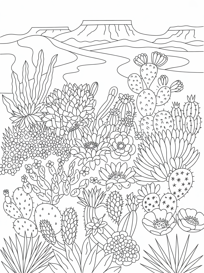 Flowers in the desert - Free Coloring Page