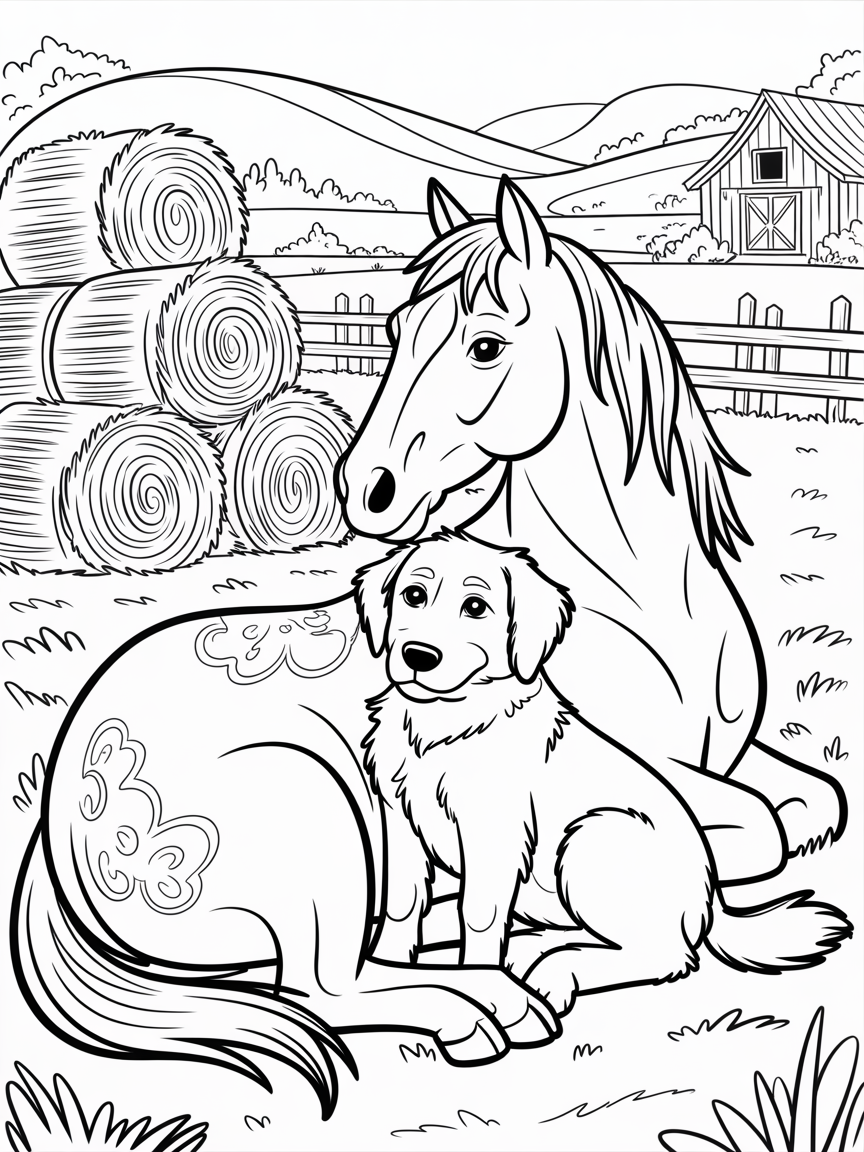 A horse and a dog on a farm - Free Coloring Page