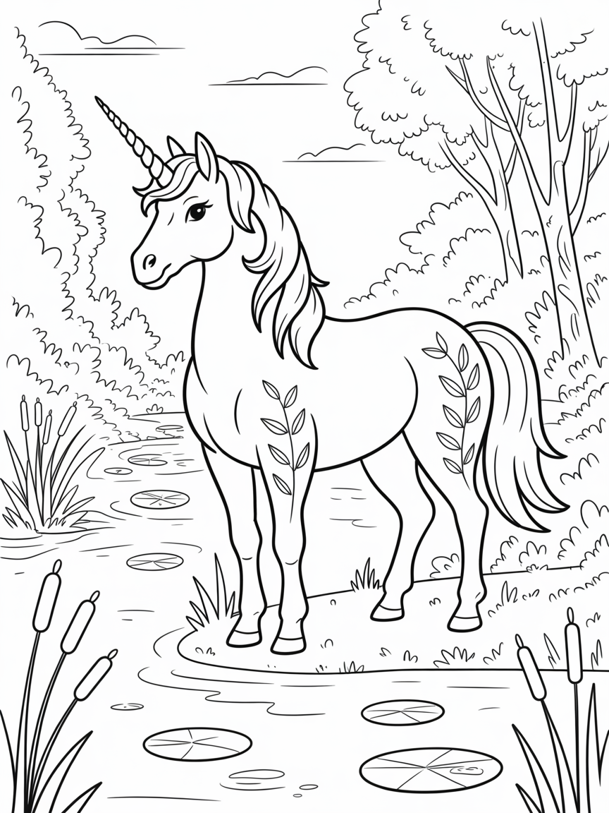 A unicorn near a pond - Free Coloring Page