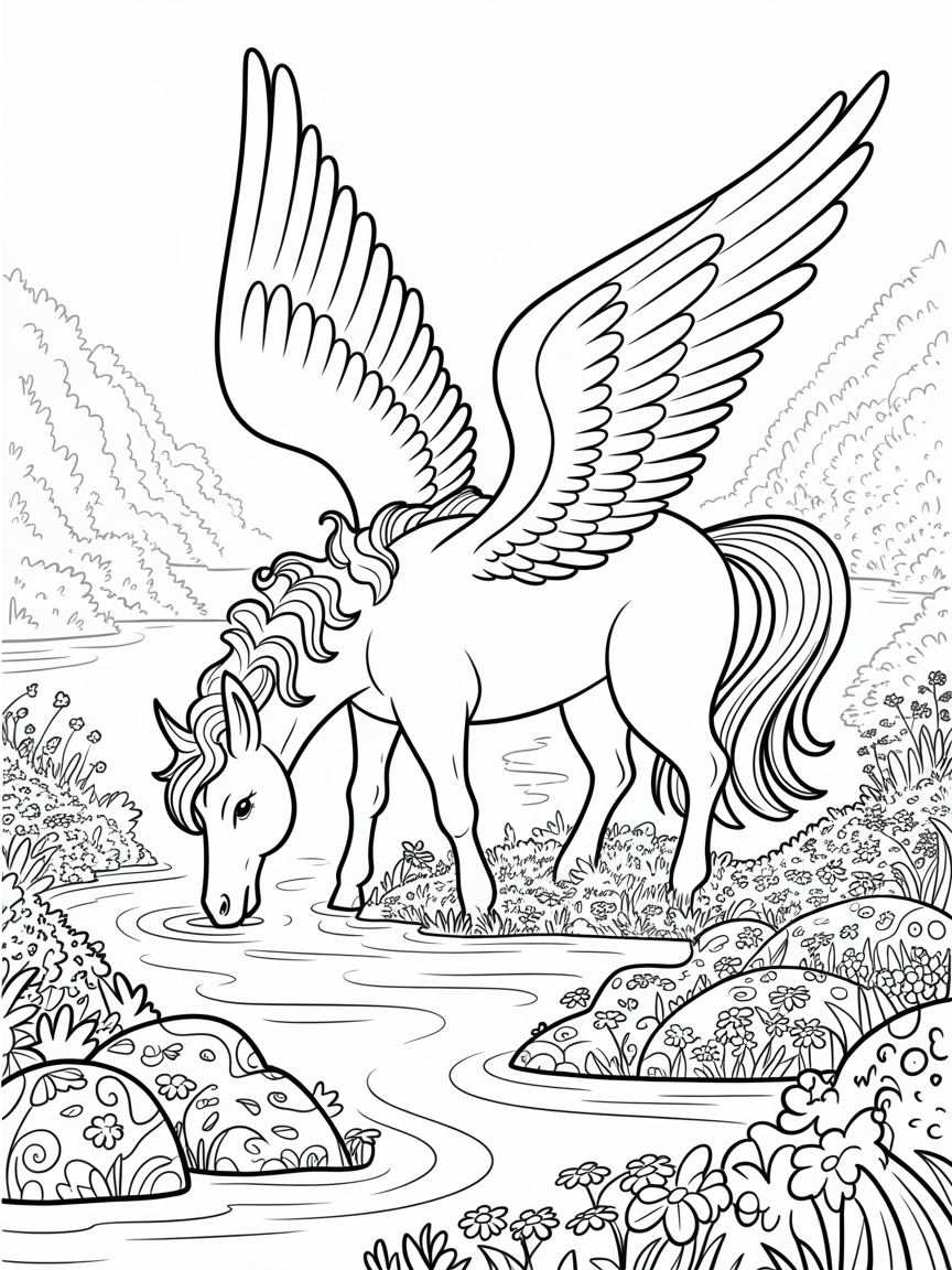 A pegasus near a river - Free Coloring Page