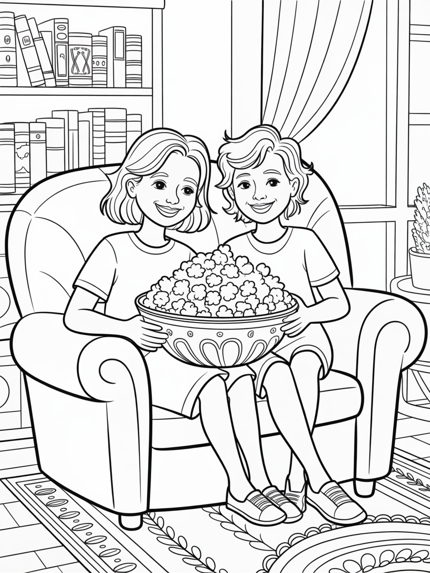 Two friends sharing a bowl of popcorn - Free Coloring Page