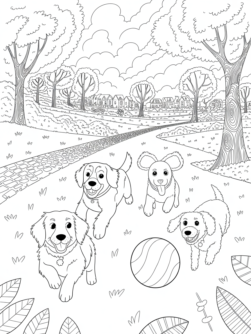 Three dogs chasing a large ball at a park - Free Coloring Page