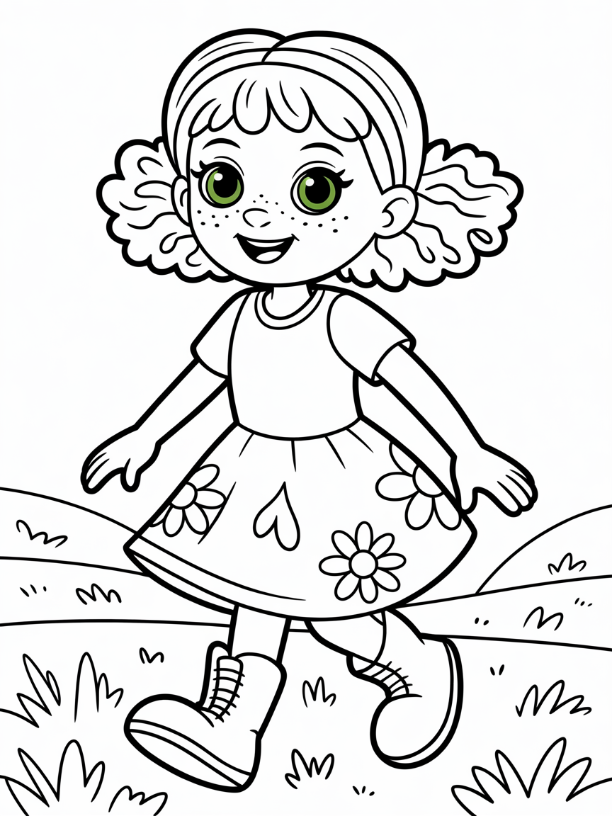 An animal style teen blonde, green eyes with freckles, curly hair with two pig tails that are curly too. She's running very happy in an open field. She's wearing a dress mid length with high boots - Free Coloring Page