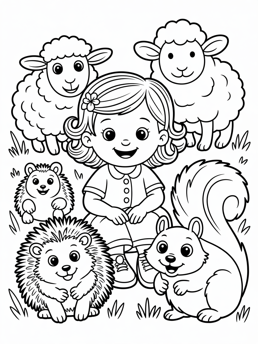 A little girl, with ringlet curls sitting with UK wildlife - Free Coloring Page