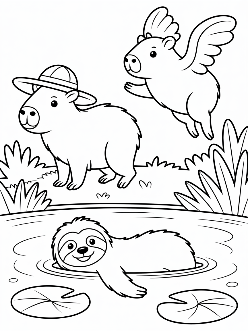 Cabybara with a orange and a flying capybara and swimming sloth - Free Coloring Page