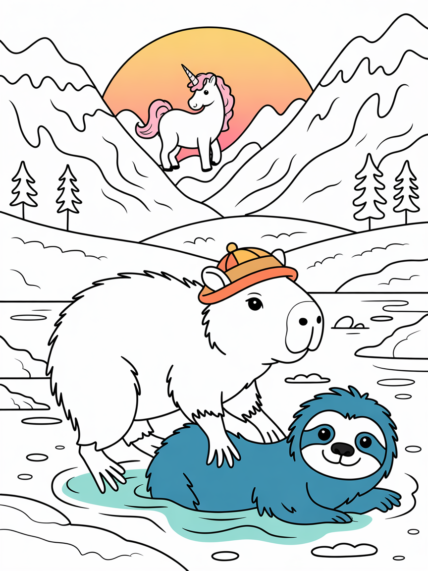 Cabybara with a orange and a flying sunset colour capybara and swimming blue sloth, pink fluffy unicorn and nice sunset in snowy mountain - Free Coloring Page